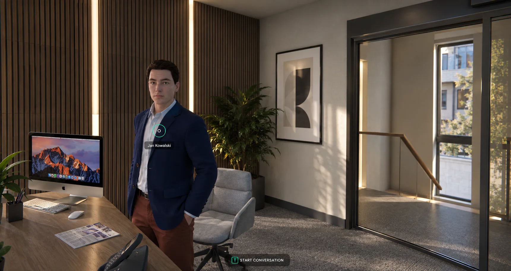 Jan Kowalski, a client in a bank branch scene built in EduTailor